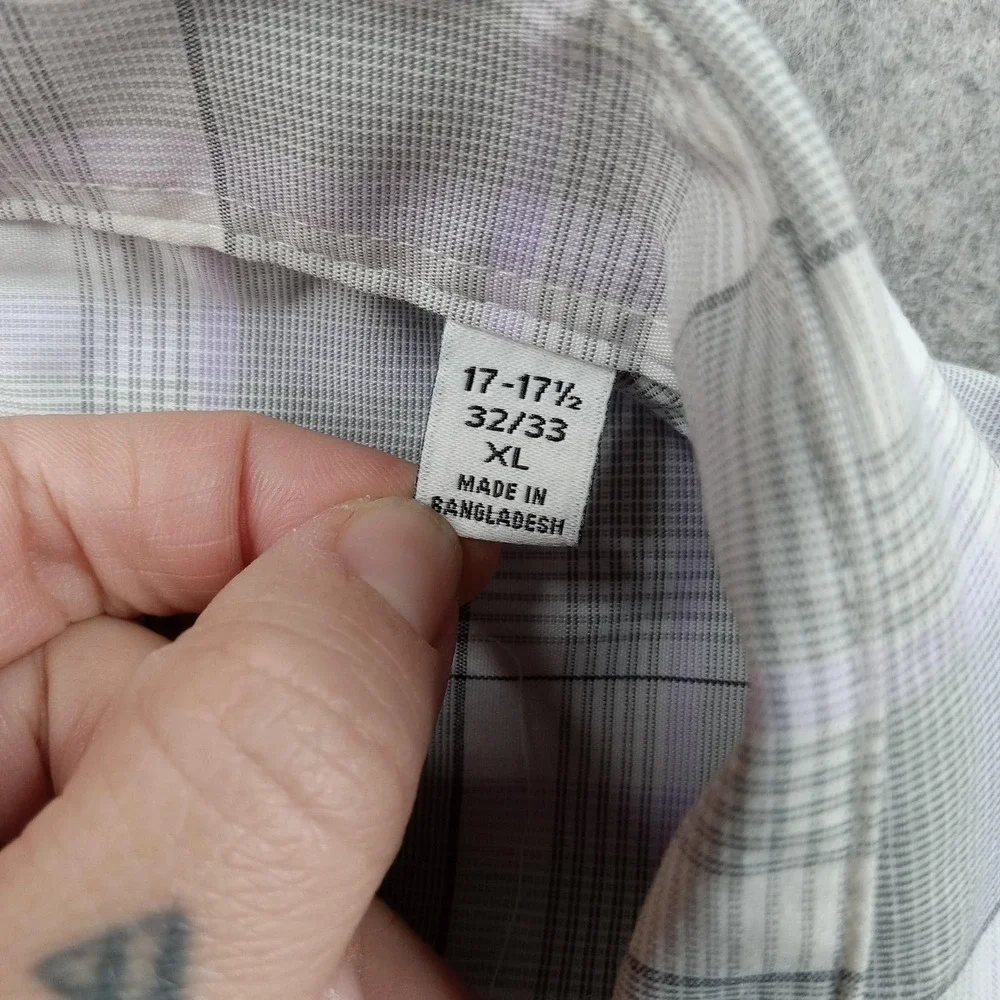 Calvin Klein Shirt Mens XL 17-17.5 32/33 Gray‎ Plaid Stretch Wrinkle Free